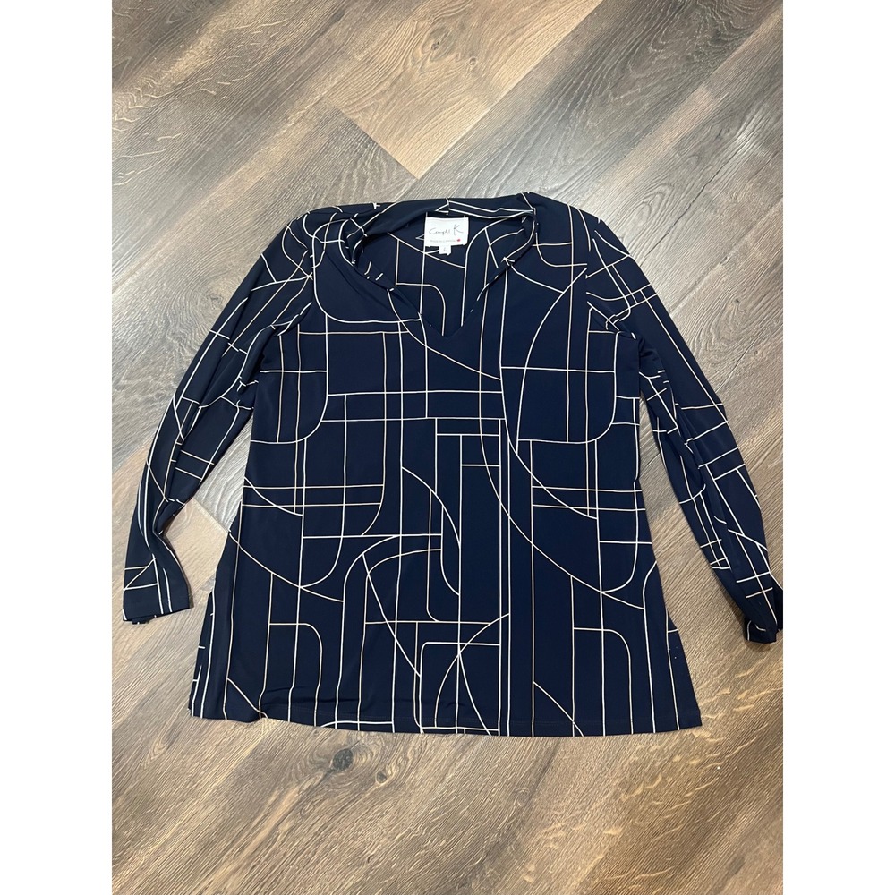 Compli K Womens Navy Blue Geometric Print V-Neck Long Sleeve Tunic Top‎ Size L